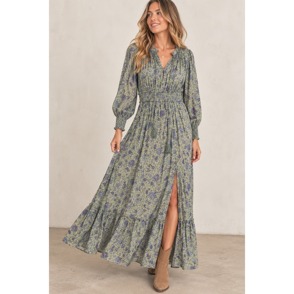 Easel Los Angeles Floral Maxi Dress Sage Green Purple Smocked Waist L ED20247
